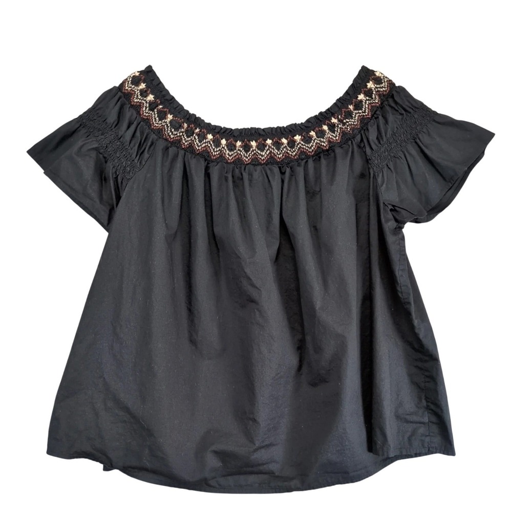 Old Navy Black Embroidered Peasant Top Plus 3X Smocked Off-Shoulder Flutter Slv